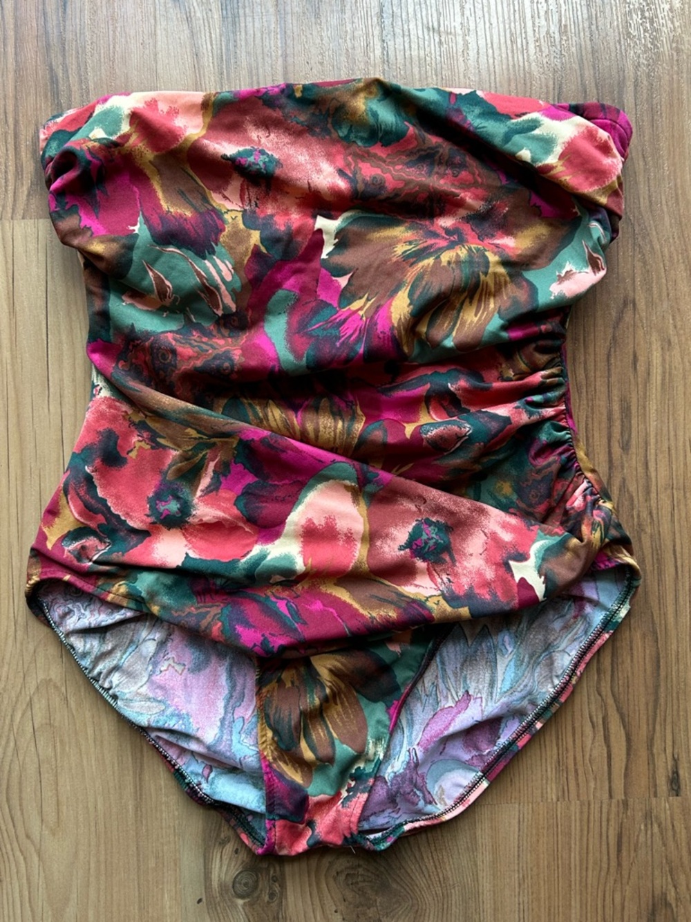 Floral Strapless One-Piece Swimsuit in Pink, Green & Brown